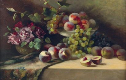 Henri ROBBE (1807-1899) Nature morte aux pêches, roses et raisins Huile sur toile...