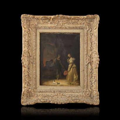 Attribué à Camille ROQUEPLAN (1800-1855) Deux femmes dans un intérieur avec un chien...