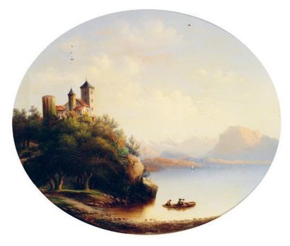 L. MARIN (Milieu XIXème) Barque sur le lac. Huile sur toile ovale, signée en bas...