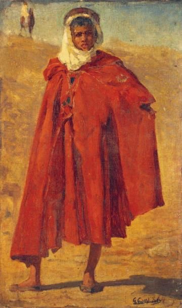 Gustave GUILLAUMET (1840-1887) Arabe en Djellaba rouge. Huile sur toile, signée en...
