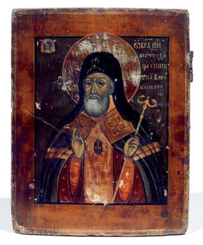 null Icone représentant le Saint Patriarche Mitrophane Travail russe du XIXème s....