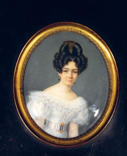 École FRANÇAISE première moitié du XIXe siècle Portrait de femme à la robe blanche...