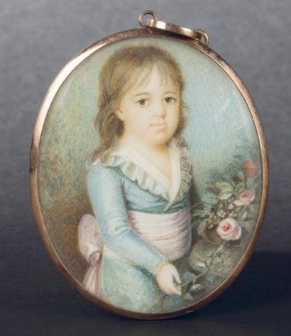 École FRANÇAISE du XVIIIe siècle Portrait d'enfant dans un jardin Miniature ovale...