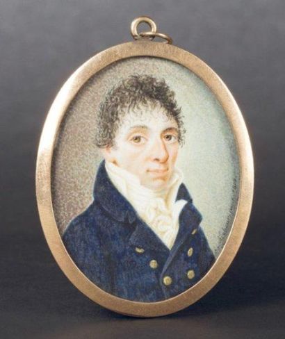 NIEBOUR, ECOLE ALLEMANDE du XIXe siècle Portrait d'élégant à la veste bleue Miniature...