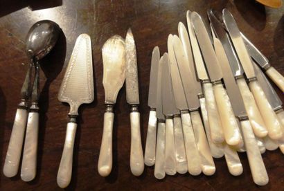 null Lot de coutellerie mache en nacre, 16 grands couteaux, couteaux à fromage, pelle...
