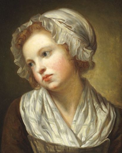"GREUZE Jean-Baptiste. (Ecole de). (1725-1805)" "Jeune fille au bonnet blanc" Huile...