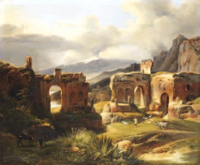"LAPITO Louis Auguste (1803-1874). " "Ruines antiques et bergers". Huile sur toile...