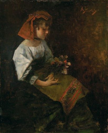 "STEVENS Agapit (1849-1917)" "Jeune Napolitaine au bouquet". Huile sur panneau, signée...