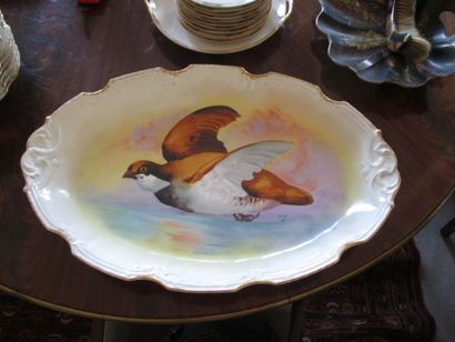 null 12 Assiettes porcelaine polychrome à décor d'oiseaux et un plat Limoges