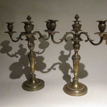 null Paire de candélabres en bronze argenté à trois bras de lumière style Louis XVI....
