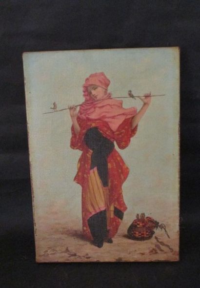 F.ABEILLE Jeune fille aux oiseaux Huile sur toile Signée en bas à gauche 27x19 c...