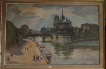 Louis RIOU (1893-1968) Notre Dame de Paris Gouache sur carton 63.5 x 98 cm