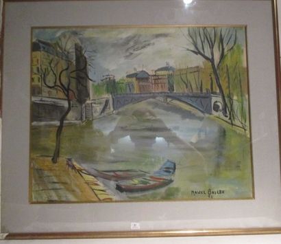 Marcel BASLER (1917-) Vu du Canal Gouache et encre signée en bas à droite et datéé...
