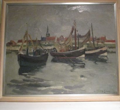 EVRARD Louis (1911) (attribué à) Trois bateaux en bord de mer Huile sur toile signée...