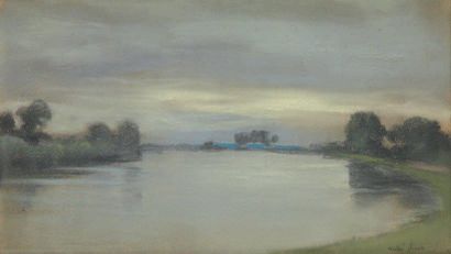 André SINET (1867-?) Paysage fluvial Pastel Signé en bas à droite 15 x 26 cm (à ...