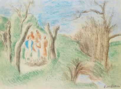 Amédée de LA PATELLIERE (1890-1932) Cinq jeunes filles en promenade. Pastel et crayon...
