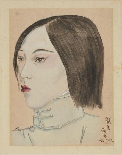 Leonard Tsuguharu FOUJITA (1886-1968) Jeune chinoise Huile, encre, gouache et tempera...