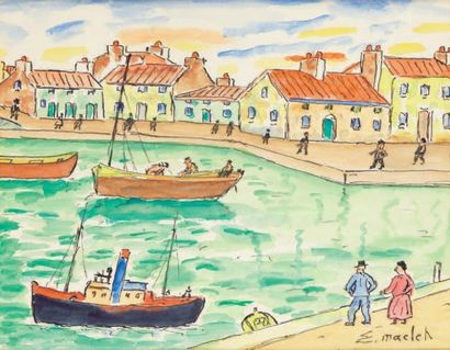 Elisée MACLET (1881-1962) Port de pêche Aquarelle, signée en bas à droite. 21 x 27...