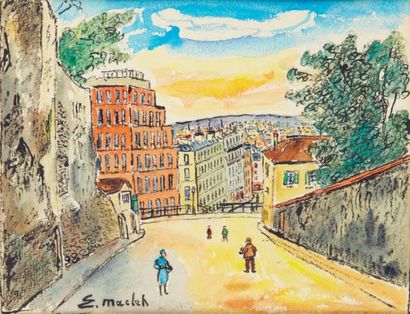 Elisée MACLET (1881-1962) La Maison rouge, Montmartre Aquarelle signée en bas à gauche....