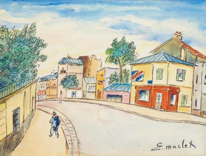 Elisée MACLET (1881-1962) Rue à Montmartre Aquarelle signée en bas à droite. 15 x...