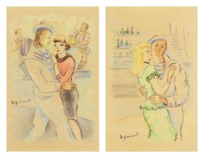 André DIGNIMONT (1891-1965) Couple avec marins Paire d'aquarelles, signées en bas...