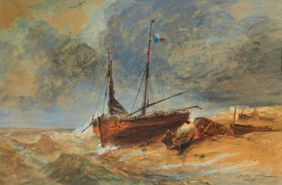 Jules NOEL (1810 - 1881) Voilier à marée basse Aquarelle sur papier brun, signée...