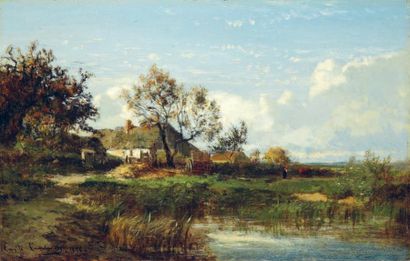 Emile Charles Lambinet (1815-1877) Ferme animée au bord d'un étang Huile sur panneau,...