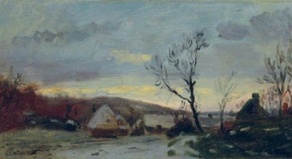 Adolphe CALS (1810 - 1880) Hameau normand sous la neige Huile sur toile, signée en...