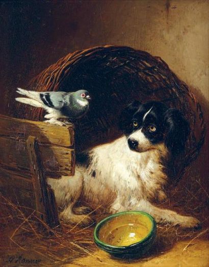 Henriette RONNER (1821-1909) Chien et pigeon Huile sur panneau, signée en bas à gauche....