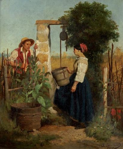 Joseph CARAUD (1821-1905) Jeune fille au puits. Huile sur toile, signée et datée...