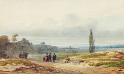 Eugène CICERI (1813-1890) Promeneurs dans la campagne Aquarelle, signée en bas à...