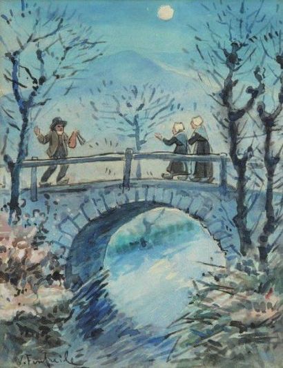 Victor FONFREIDE (1872-1934) La rencontre sur le pont. Aquarelle sur papier, signée...