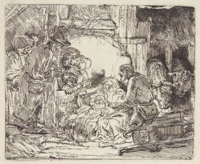 Rembrandt L'Adoration des bergers à la lampe ou La Nativité, 1654. Eau-forte, 10,5...