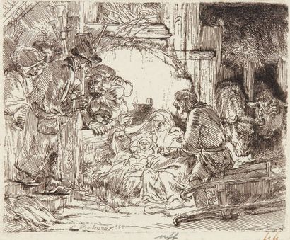 Rembrandt L'Adoration des bergers à la lampe ou La Nativité, 1654. Eau-forte, 10,5...