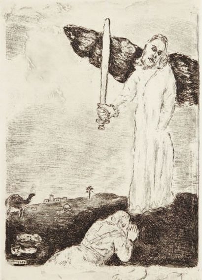 Marc Chagall Josué devant l'ange à l'épée, planche inédite de la suite de La Bible....