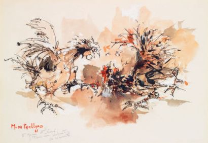 Michel de GALLARD (1921-2007) «Combat de coq» Aquarelle, signée en bas à gauche et...