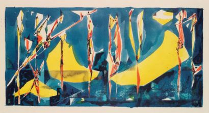 Jean Théobald JACUS (né en 1924) «Composition abstraite sur fond bleu» Aquarelle...
