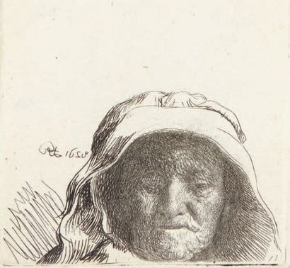 Rembrandt La Tête de la mère de Rembrandt regardant en bas, 1633. Eau-forte, 6,4...