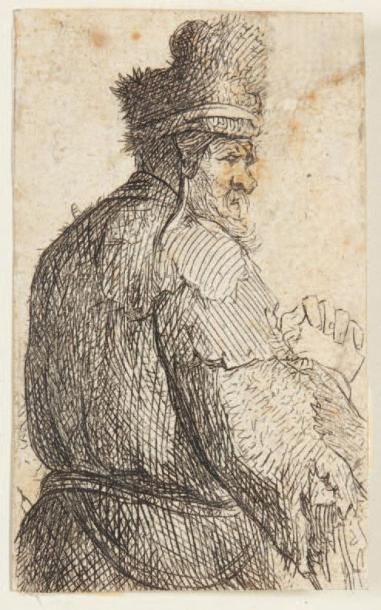 Rembrandt Vieil homme vu de dos, profil vers la droite, demifigure, vers 1630. Eau-forte,...