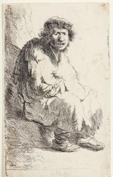 Rembrandt Gueux assis sur une motte de terre, autoportrait, 1630. Eau-forte, 7,1...