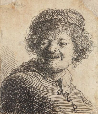 Rembrandt Autoportrait riant, 1630. Eau-forte, 5 x 4 cm, coupée à l'intérieur de...