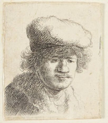 Rembrandt Autoportrait au bonnet mou, vers 1631. Eau-forte, 5,1 x 4,4 cm, coupée...