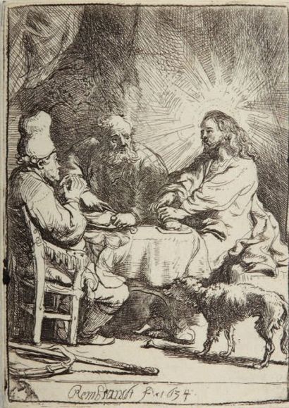 Rembrandt Les Disciples d'Emmaüs, petite planche, 1634. Eau-forte, 10,5 x 7,4 cm,...