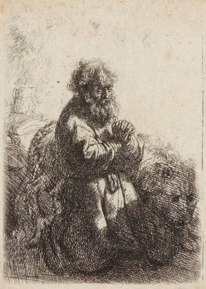Rembrandt Saint Jérôme à genoux, 1635. Eau-forte, 11,4 x 8,3 cm, filet de marge (Bartsch-...
