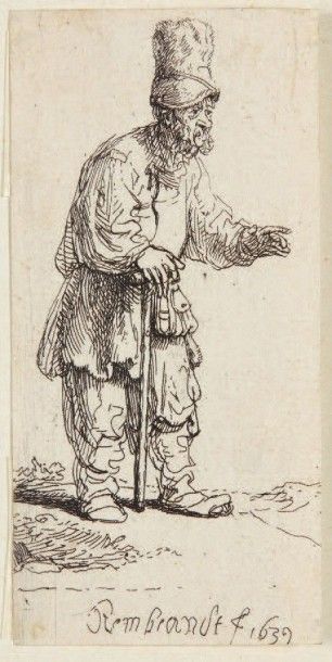 Rembrandt Paysan à grand bonnet, appuyé sur une canne, 1639. Eau-forte, 7,5 x 3,6...