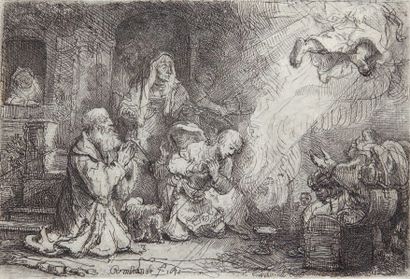 Rembrandt L'Ange qui disparaît devant la famille de Tobie, 1641. Eau-forte, 10,3...
