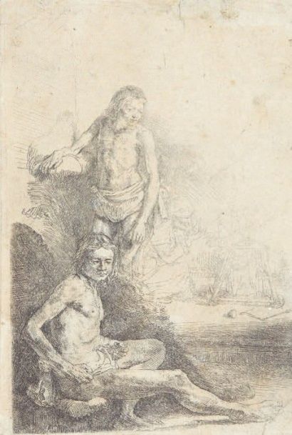 Rembrandt Figures académiques d'hommes, vers 1646. Eau-forte, 19,2 x 13 cm, filet...