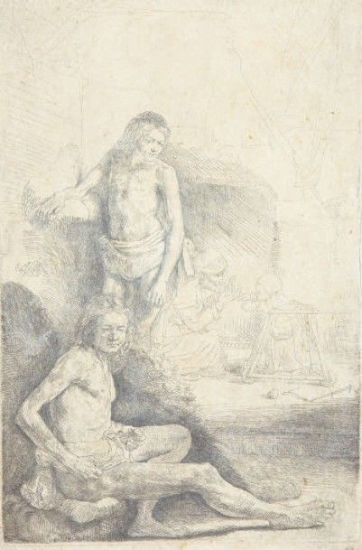 Rembrandt Figures académiques d'hommes, vers 1646. Eau-forte, 19,5 x 12,7 cm, filet...