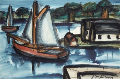 Franz PRIKING (1929 - 1979) Voilier au port Aquarelle et encre de Chine, signée en...