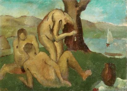 Pierre HODE (1889-1942) Baigneurs et baigneuses Huile sur toile, signée en bas à...